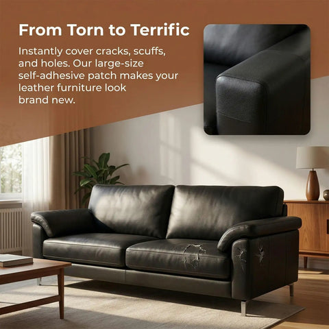 No Sweat Self Adhesive Vinyl Patch For Couches And Furniture on a black sofa covering tears and scuffs.