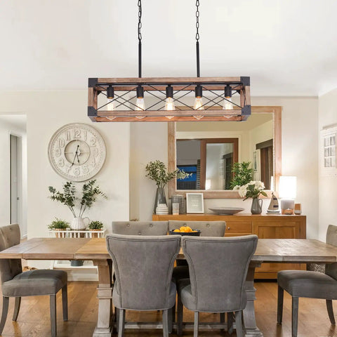 Rustic Farmhouse Wood Chandelier With Five Lights Rectangle Hanging Light Fixture for dining room and kitchen island.