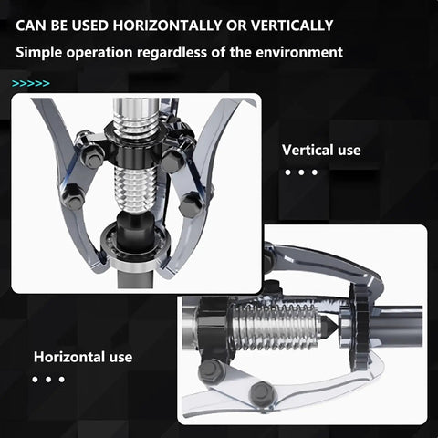 Beefy Heavy Duty Gear Puller Set 5 10 15 20 30 50 Ton With 2 Or 3 Jaws showing horizontal and vertical use.