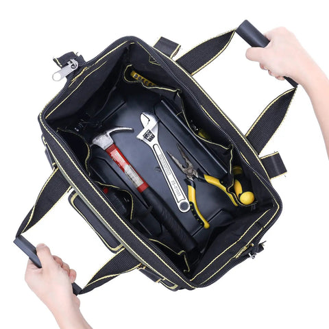 Top view of 17 Inch Tool Bag For Men With Wide Mouth And Waterproof Molded Base showing tools inside, held by handles and strap.