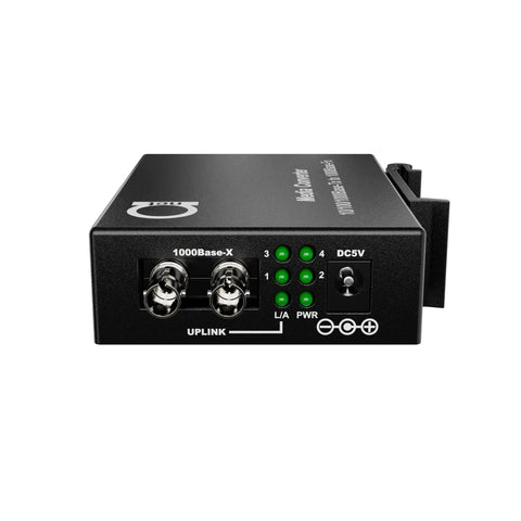 Front view of Multimode Fiber Media Converter And Gigabit Switch with one 850 nanometer optical port and four RJ45 ports.
