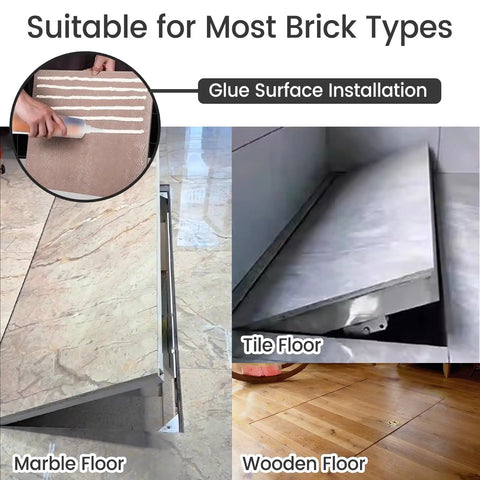 Heavy Duty Invisible Floor Hatch With Rock Solid Suction Grip Custom Size Crawl Space Access Panel on marble and wood floors.