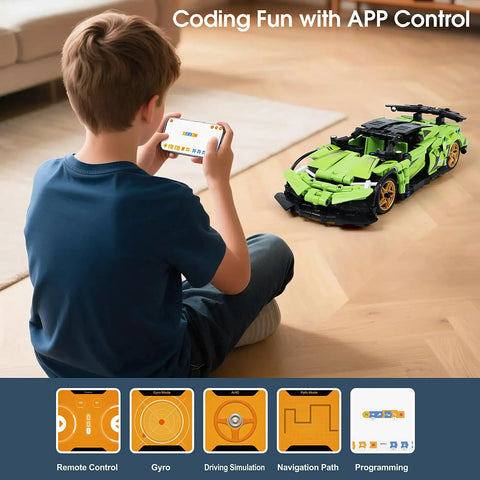 Child playing with 2 In 1 Remote Control Race Car And Robot Building Kit With 429 Pieces, App Control And RC Fun, STEM Toy