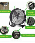 24 Inch High Velocity Industrial Floor Fan Heavy Duty Portable Air Circulator With 3 Speed Adjustable Tilt And Slick Wheels features adjustable knobs and reinforced handle.