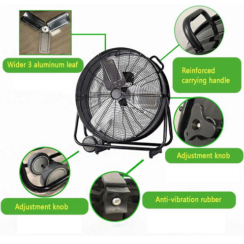 24 Inch High Velocity Industrial Floor Fan Heavy Duty Portable Air Circulator With 3 Speed Adjustable Tilt And Slick Wheels features adjustable knobs and reinforced handle.