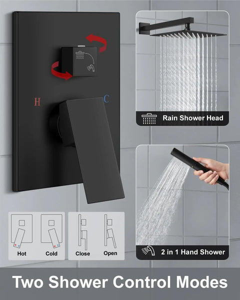 Premium High Pressure Shower System With 12 Inch Rain Head And 2 In 1 Handheld Sprayer Matte Black Wall Mount Fixture Detail