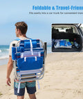 Individual carrying Two Pack Low Beach Chairs With 5 Position Recline Backpack Portable Folding Chairs With Cooler Bag on the beach.