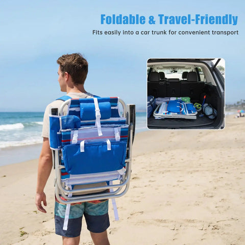 Individual carrying Two Pack Low Beach Chairs With 5 Position Recline Backpack Portable Folding Chairs With Cooler Bag on the beach.