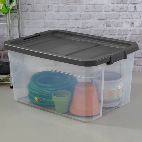 Heavy Duty 76 Quart Plastic Storage Bins With Snug Lids For Garage Organization Knock Out Messy Clutters With These Stackable Clear Base Gray Lid Totes filled with garden supplies