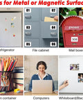 Various surfaces such as a refrigerator, file cabinet, mail box, pen container, and whiteboard with fridge magnets.