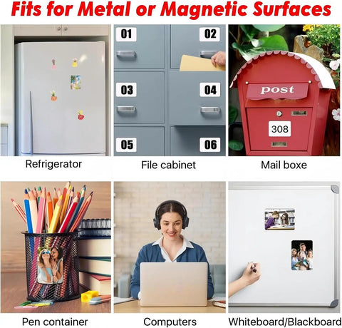 Various surfaces such as a refrigerator, file cabinet, mail box, pen container, and whiteboard with fridge magnets.