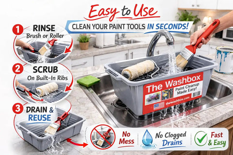Sink Insert For Easy Paint Cleanup With Brush And Roller Cleaner Tray Paint Tool Washer System Keeps Paint Out Of Your Sink No Fuss Fits Most Sinks Made In USA, demonstrating rinse, scrub, and drain features.