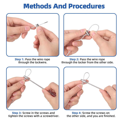 Hand using Beefy Heavy Duty Stainless Steel Wire Rope Clip Clamp Kit With Aluminum Crimping Loop Sleeves step by step.