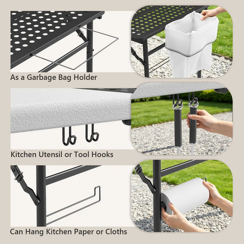 Hooks and attachments on 5ft Folding Camping Table With Dual Surface Metal Grill Grid And Solid Prep Top Heavy Duty Portable Outdoor Table