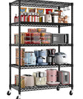 Beefy 5-Tier Wire Shelving With Wheels, 36 Inch Wide 16 Inch Deep 79 Inch Tall Steel Storage Rack, loaded with kitchen appliances and pantry items
