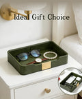 Nightstand with Green Luxury Leather Jewelry Tray Organizer for desk and nightstand keeps your bling, watch, keys, phone, and wallet in place Nordic minimalist modern leather tray for entryway decor and desktop display with glasses and watch.