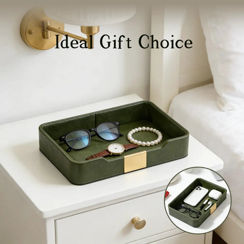 Nightstand with Green Luxury Leather Jewelry Tray Organizer for desk and nightstand keeps your bling, watch, keys, phone, and wallet in place Nordic minimalist modern leather tray for entryway decor and desktop display with glasses and watch.