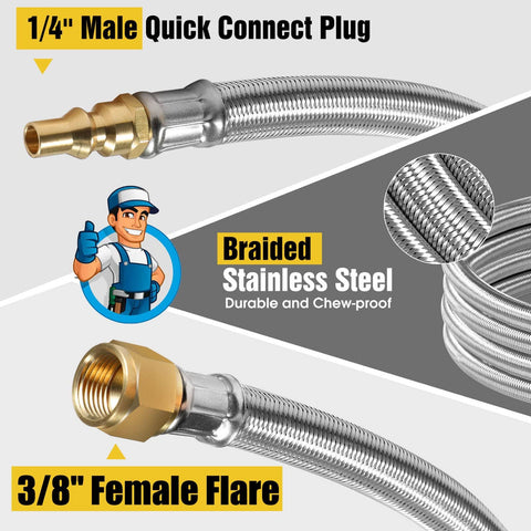 12 Ft Propane Hose For RV With Safety Shutoff Valve And One Quarter Inch Quick Disconnect Stainless Steel Braided Gas Line