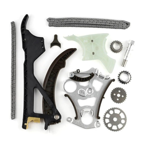 Upgrade Your Ride With This Premium Timing Chain Kit And Oil Pump Gear For BMW N51 N52 N55 325i 335i X3 X5 X6 Models. Built From Tough Alloy, This Heavy Duty Setup Keeps V6 Engines Running Smooth, Stops Stretching Or Breaking, And Slashes Maintenance. Timing chain kit with guides, gears, and pump parts on white background
