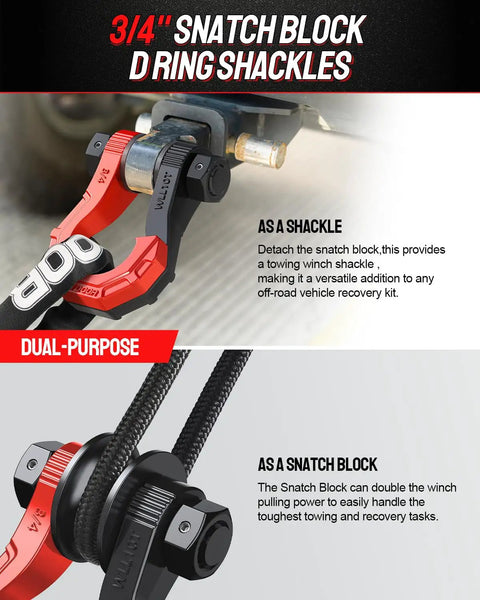 Three Quarters Inch D Ring Shackles With Snatch Block For Off Road Recovery And Heavy Duty Towing 45,000 Lbs Capacity on winch rope