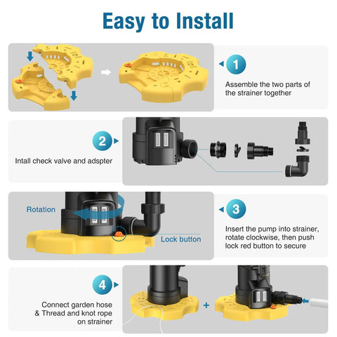 1 Hp Automatic Pool Cover Pump With 4500 GPH Submersible Water Pump, installation steps and parts assembly diagram