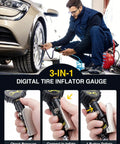 Man using Digital Tire Inflator With Pressure Gauge Pro Grade Heavy Duty Air Compressor Kit 200 PSI With Rubber Hose on car tire
