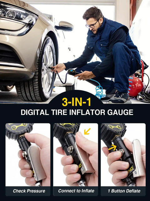 Man using Digital Tire Inflator With Pressure Gauge Pro Grade Heavy Duty Air Compressor Kit 200 PSI With Rubber Hose on car tire