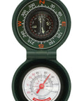 Trail Ready Compact Hiking Compass With Thermometer for Camping and Outdoor Navigation, showing luminous dial and thermometer.