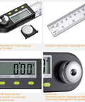 Heavy Duty Stainless Steel Digital Angle Finder And Precision Protractor Ruler showing LCD display, battery slot, and stainless steel measurements.