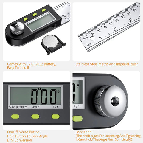 Heavy Duty Stainless Steel Digital Angle Finder And Precision Protractor Ruler showing LCD display, battery slot, and stainless steel measurements.