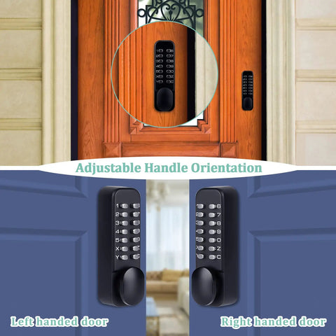 Keyless Mechanical Combination Lock With Keypad, Black Finish, No Batteries Or Wiring Needed, One Hundred Percent Mechanical Door Lock For Secure Access on doors with adjustable handle orientation.