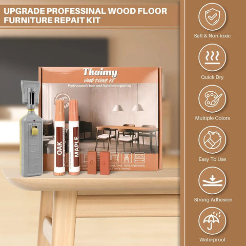 No Sweat Quick Fix Do It Yourself Laminate Floor Repair Kit With Heat Pen, includes markers and wax sticks on table.