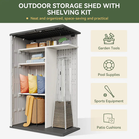 Outdoor Resin Storage Shed With Floor And Metal Shelving Kit 64 Cu Ft Waterproof Vertical Cabinet For Garden Tools