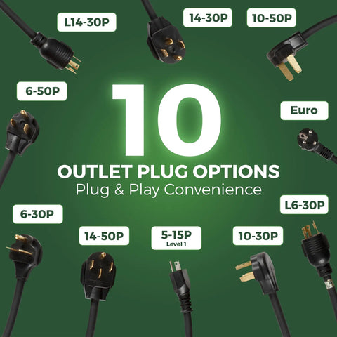 Image showing 10 different outlet plugs for Level 2 EV Charger With 24 Amp Adjustable Amperage 10A-16A-24A, 30 Foot Cable, 6-50P Plug