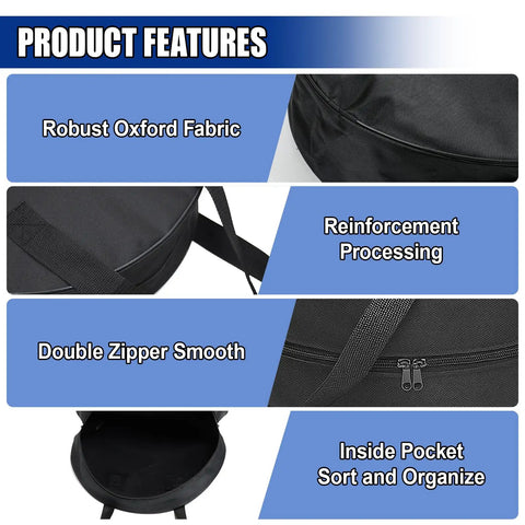 Product features of 16 Inch Round Cable Organizer Bag For EV Cords And Jumpers, Waterproof 600D Oxford Storage Case shown
