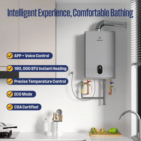 Whole House Gas Tankless Water Heater Shoots Out Instant Hot Water At 7.9 Gallons Per Minute With A Serious 180000 Btu Rating For Nonstop Family Flow Without The Cold Shower Blues, visible in modern kitchen setting.