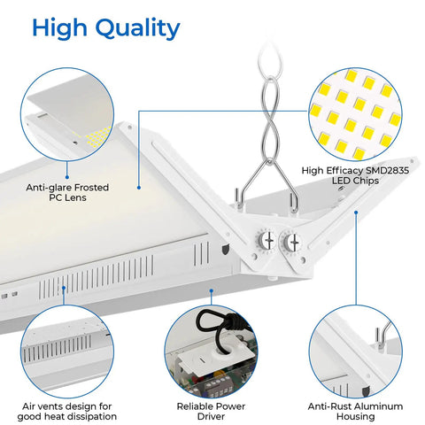 Built Different 3 Foot Led Linear High Bay Light With No Sweat Plug And Play Hookup And Adjustable 300W 250W Or 200W Power showcasing anti-glare design.