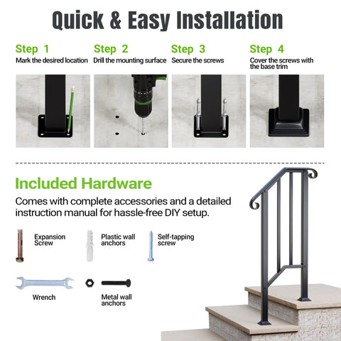 Quick installation steps for Black 2 Step Outdoor Handrails Built Like A Tank Wrought Iron Stair Railing Pair.