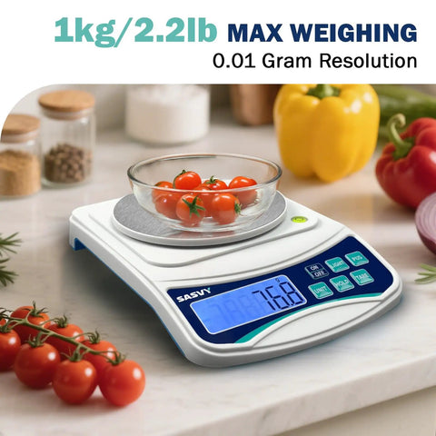 High Precision Digital Lab Scale 1000G Capacity At 0.01G Increments For Lab Jewelry And Kitchen Use showing tomatoes