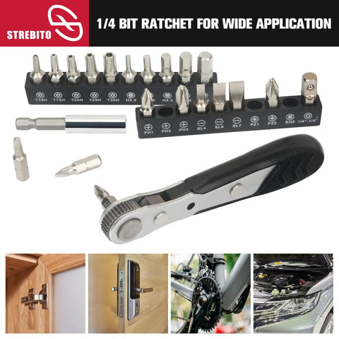 Compact 22 Piece Mini Ratchet Set With 1/4 Inch Drive Right Angle Screwdriver And 36 Tooth Ratcheting Wrench Bits