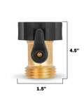 Brass Garden Hose Connector With Shut Off Valve Full Flow Heavy Duty Impact Resistant Fitting, front view with dimensions