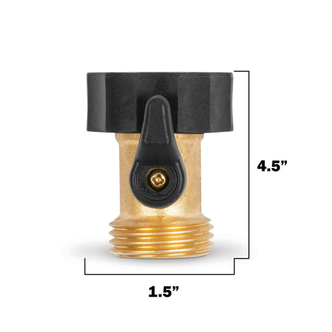 Brass Garden Hose Connector With Shut Off Valve Full Flow Heavy Duty Impact Resistant Fitting, front view with dimensions