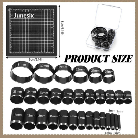 Leather Circle Cutter Tool Set With 31 Piece Circle Punches From 1mm To 55mm displayed with cutting board