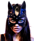 Premium Black Leather Rivet Cat Masquerade Mask Featuring Adjustable Back Buckle, shown on model, ideal for rave, Halloween.