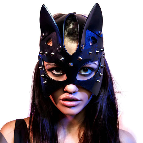 Premium Black Leather Rivet Cat Masquerade Mask Featuring Adjustable Back Buckle, shown on model, ideal for rave, Halloween.