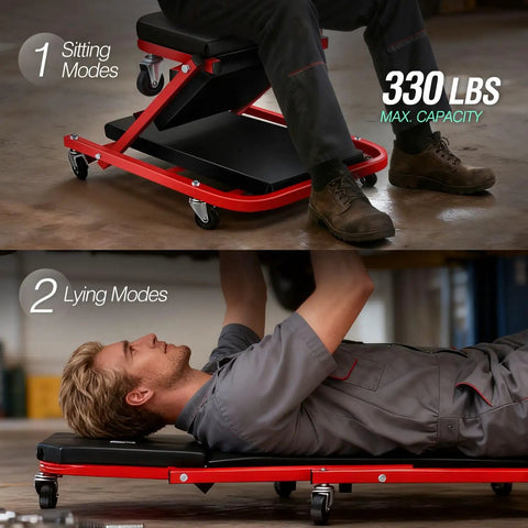 Beefy Low Profile Rolling Folding Mechanic Creeper Seat With Six Swivel Casters And Heavy Duty Steel Frame in sitting and lying positions.