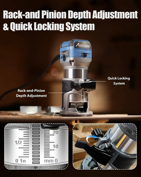Compact Wood Router With Fixed Base And Edge Guide, rack-and-pinion depth adjustment, 6.5 Amp Power, 1.25 HP, close-up view