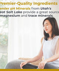 Woman meditating with text highlighting PH Minerals' magnesium and trace minerals from Utah's Great Salt Lake.