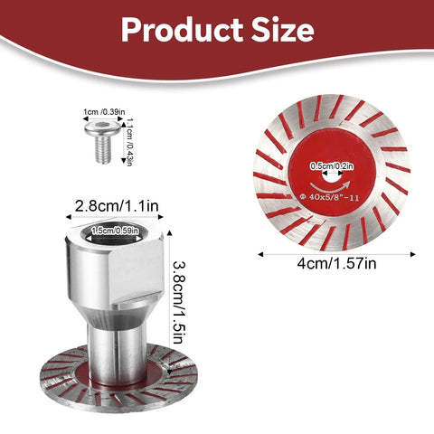 10 Piece Angle Grinder Diamond Saw Blades Set For Top Shelf Cutting On Granite Concrete Tile And Porcelain Includes Heavy Duty Aluminum Flange and Quick Swap Hardware For Zero Sweat Finishing Work size dimensions including a metal blade and flange with measurements.