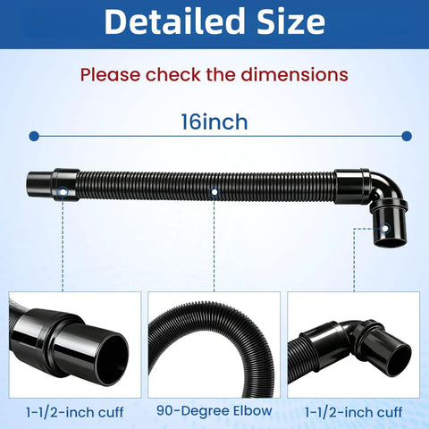 Static Dissipating Backpack Vacuum Hose With One And A Half Inch Cuffs, Sixteen Inch Length, Includes 90 Degree Elbow